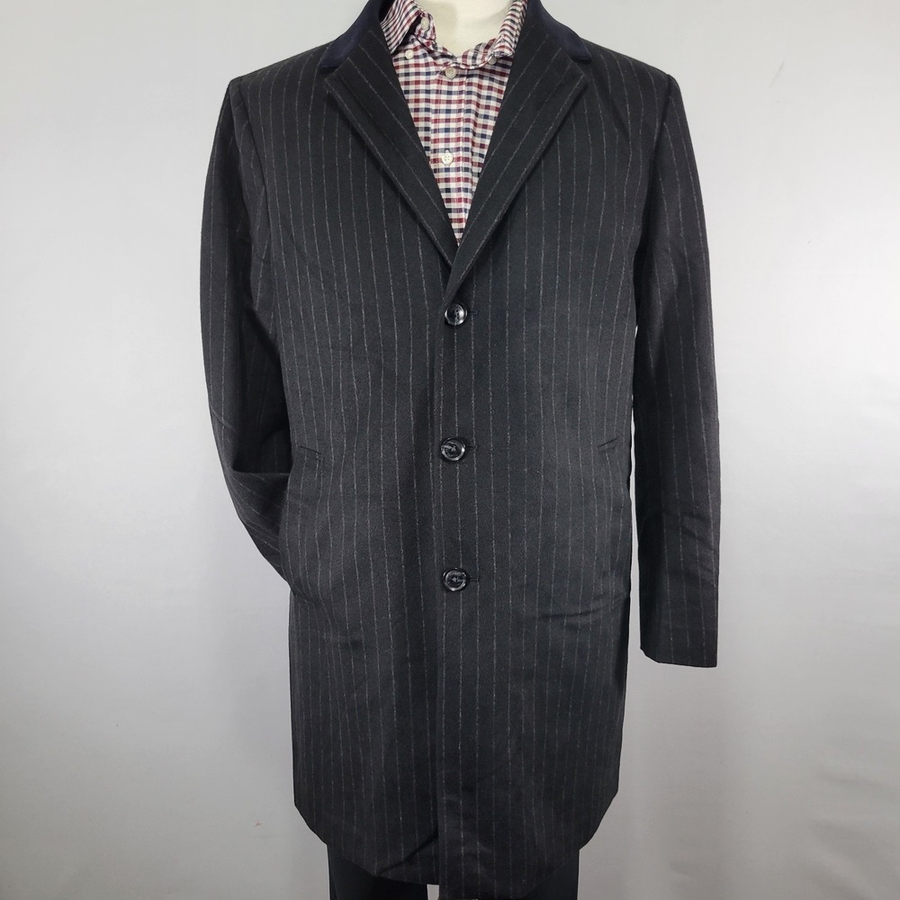 Tommy Hilfiger Men's Overcoat Flannel Wool Blend Black Striped Size 44S NEW